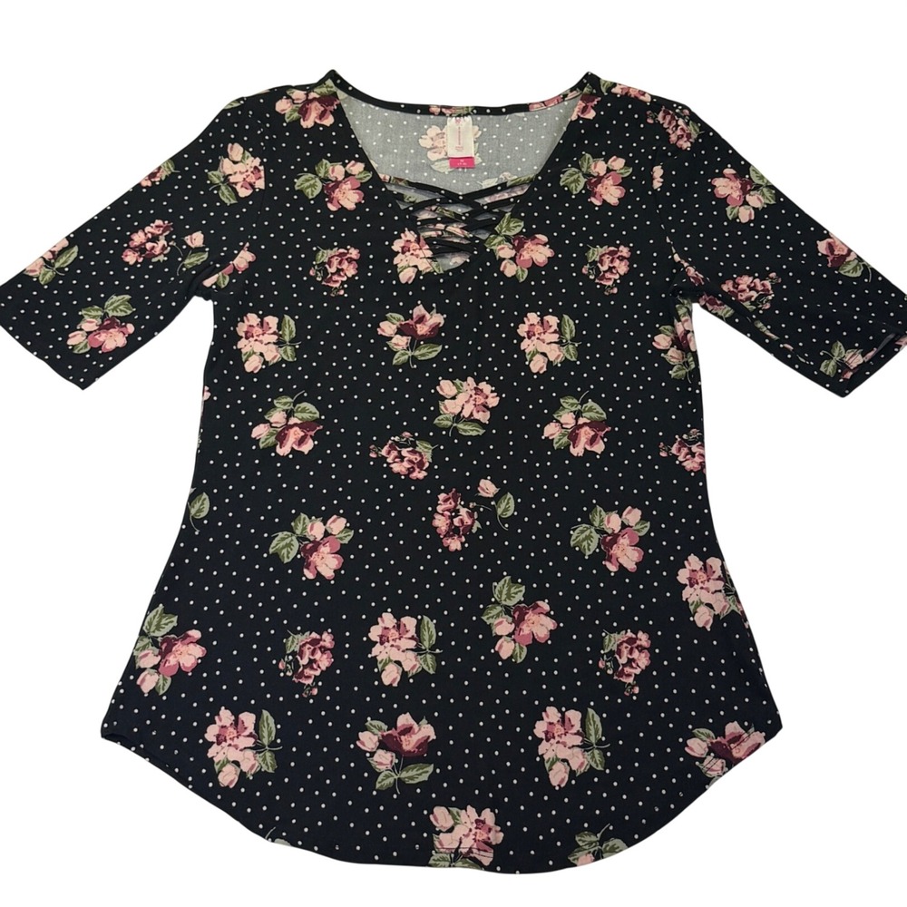 No Boundaries Juniors Medium (7/9) Y2K Floral Polka Dot 3/4 Sleeve Top 1219C4